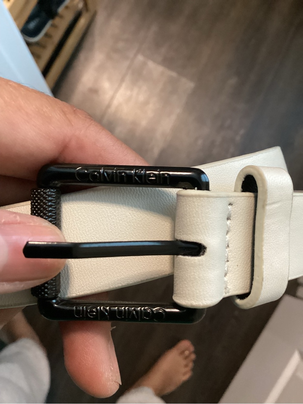 Calvin Klein White Leather Belt with Black Metal Buckle